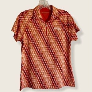 Women’s golf polo shirt, White Witch logo orange diamonds​ athleisure